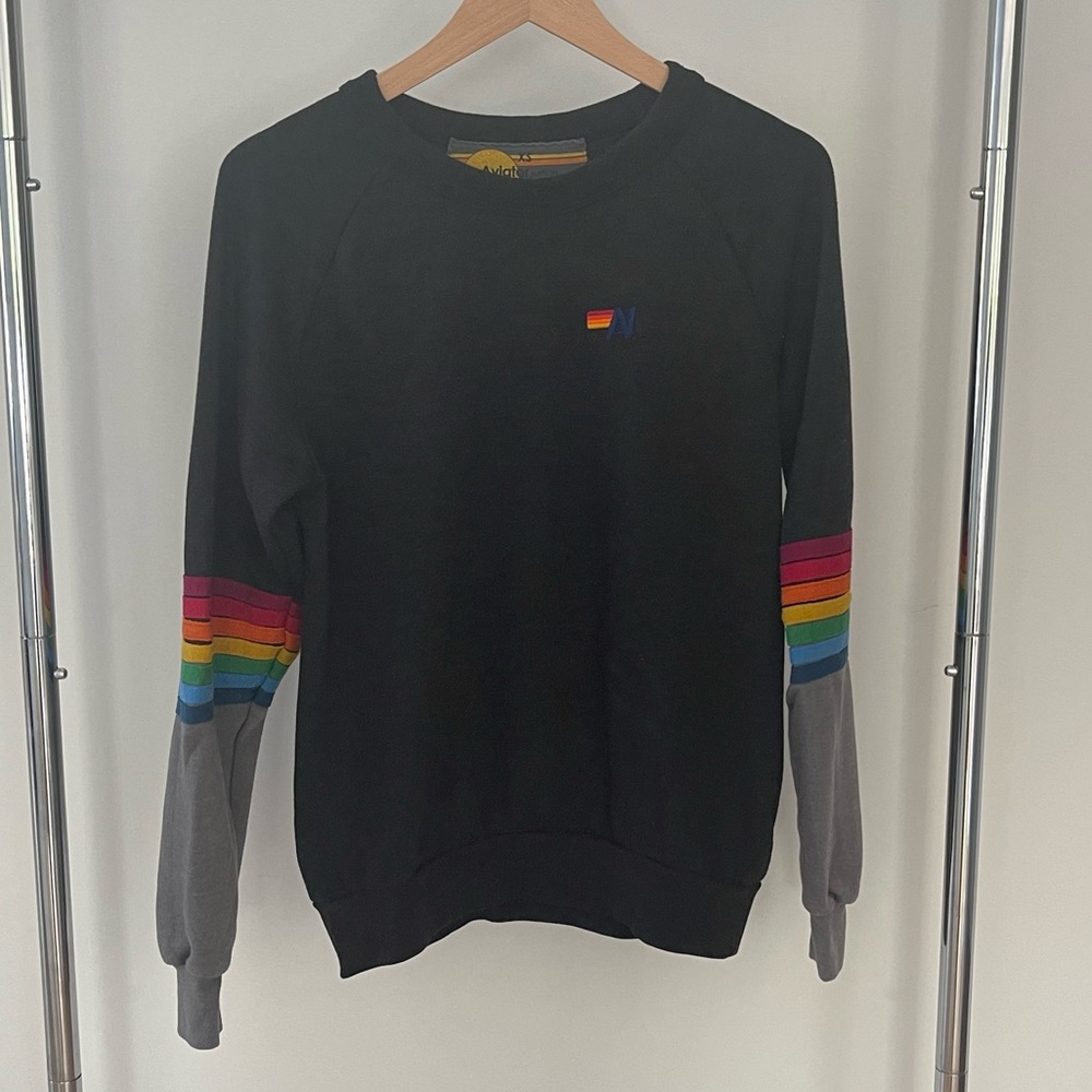 Aviator Nation Charcoal Grey Rainbow Stitch Sleeve Crew Sweatshirt Unisex XS